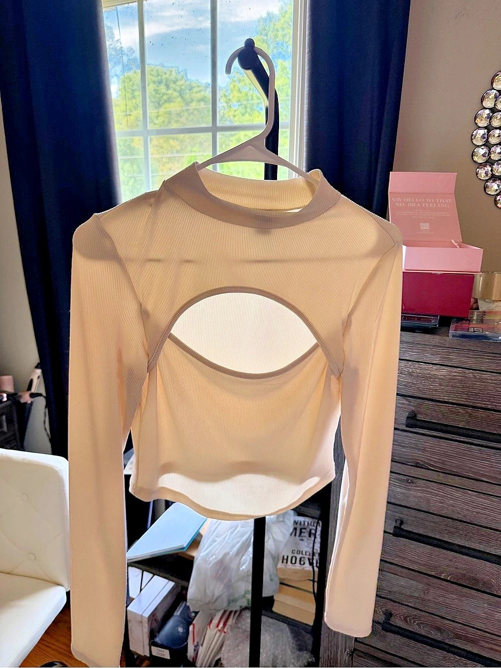SHEIN Mock Neck Front and Waist Cut Out Rib Knit Top Pink Large